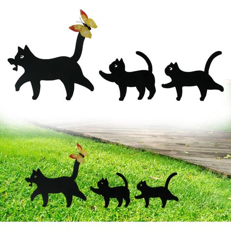 3 Pièces Statue Chat Métal, Silhouette Noire Avec Papillon, Décoration Jardin Extérieur