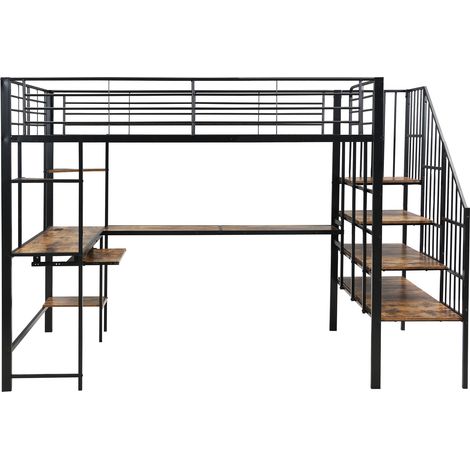 Cama alta de hierro y MDF 120 x 200 cm con escritorio, enchufe y escalera de esquina (1/5)