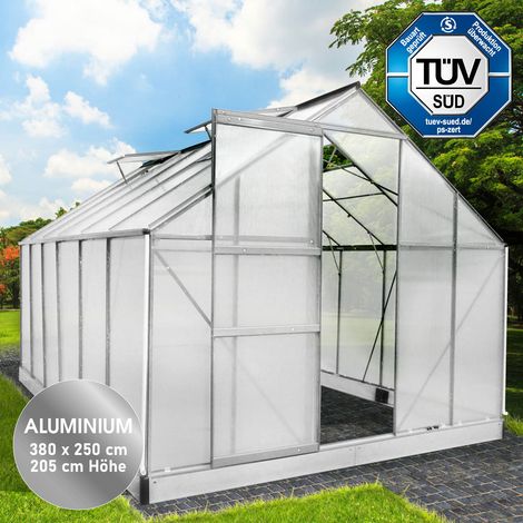 BRAST Gewächshaus Aluminium mit Fundament rostfrei TÜV geprüft 6mm Platten 380x250x205cm Silber