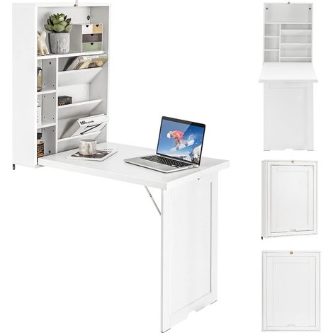 COSTWAY Escritorio Plegable de Pared, Estantes Ajustables, Mesa Plegable Pared para Ordenadores Portátiles que Ahorra Espacio, Mesa Plegable de Comedor 60 x 94,5x 151cm