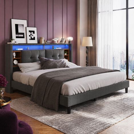 Lit 140x200 avec rangement tête de lit LED USB Gris OKMYHOME (1/5)