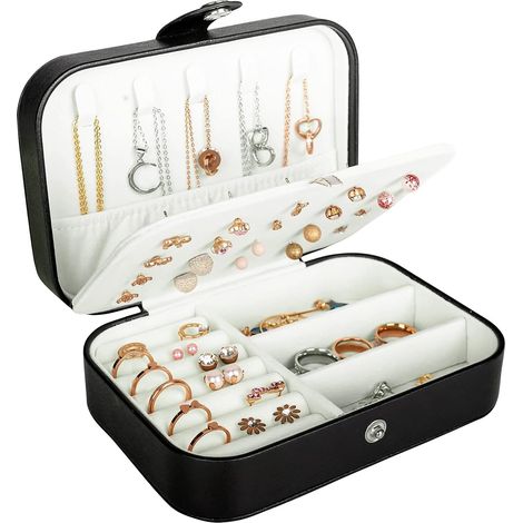 1 boîte à bijoux de voyage, organisateur portable en cuir PU, double couche, 7 emplacements pour bagues, 5 crochets, poche élastique, noir (1/5)