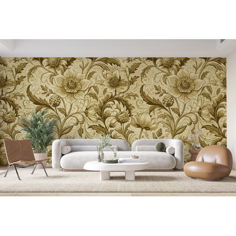 Papier peint rétro - damas floral vert olive et beige - 150 x 250 cm (1/2)