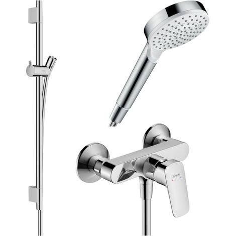 HANSGROHE Pack mezclador mecánico de ducha Logis + barra Unica S Puro + flexible + rociador Crometta blanco/cromado (1/3)