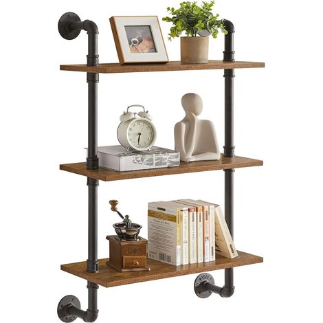 1 Étagère murale,Support tuyaux fer,Bois recyclé,3 niveaux,Style industriel,Cuisine,Bureau,Salle de bains (1/5)