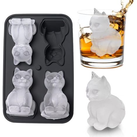 Bac à glaçons bac mignons pour whisky, bourbon, moules à glaçons 3D en forme de chat, 4 trous grands moules amusants (1/5)