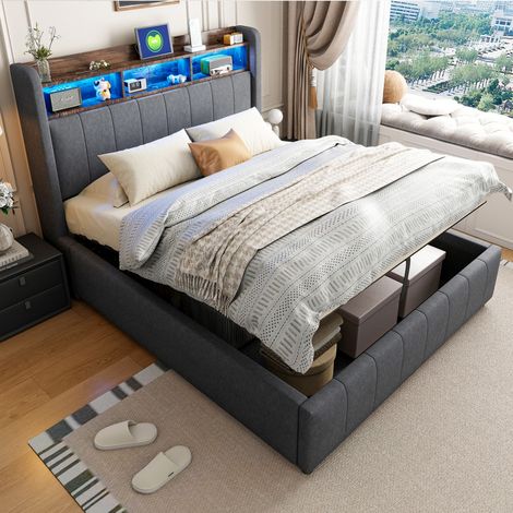 Lit Coffre 140x200cm - Lit Adulte 140x200 - Lit Double Rembourré avec Tête de Lit Étagère LED et Prise USB - en Lin Gris (1/5)