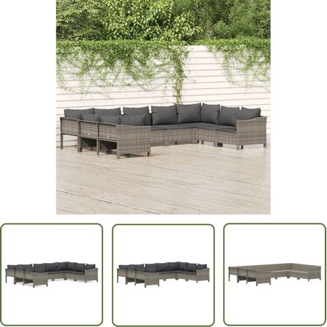 The Living Store Salon de jardin 9 pcs avec coussins Gris Résine tressée - Salon De Jardin - Mobilier De Jardin - Ensemble Salon Extérieur - Meubles De Jardin - Set Salon (1/5)
