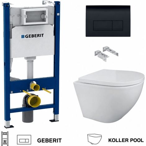 Pack WC Bastidor empotrado GEBERIT Duofix cisterna y pulsador Delta 50 negro brillo con inodoro suspendido Koller Pool Round Smart blanco Tornado 3.0 (1/5)