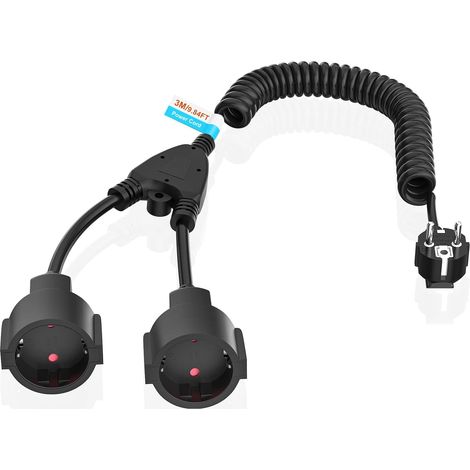 Rallonge Spiralée, 1 à 2 Prises de Terre Câble Spiralé Extensible de 0,9M à 3M Max, IP20 Rallonge avec 2 Prises, Double Prise Schuko 3 x 1,0 mm² (230V/16 A), Noir (1/5)