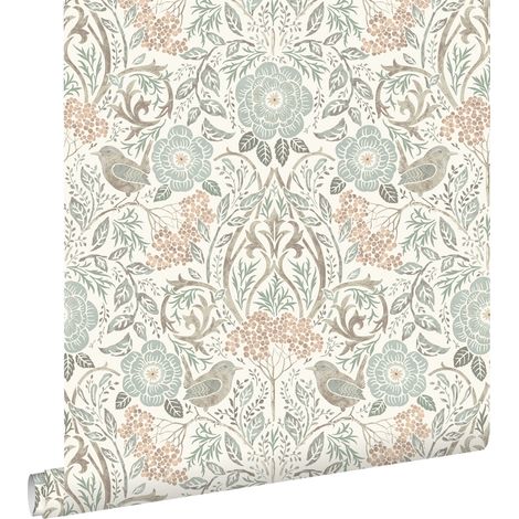 Papier peint intissé fleurs et oiseaux – Vert grisé, marron, rose pêche – Dimensions 53cm x 10,05m – Écologique, facile à poser – Estahome (1/5)