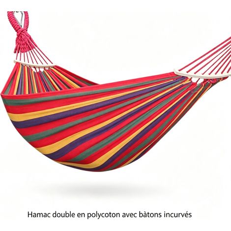 Hamac double à rayures rouges en polycoton 260x150cm avec bâtons incurvés anti-basculement, balançoire extérieure confortable pour jardin terrasse (1/4)