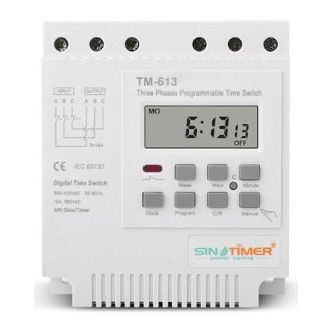 TM-613 Relais Temporisé Programmable 380V / 50-60Hz 16A Relais Hebdomadaire Commutateur de Minuterie de Puissance Interrupteur de Minuterie Triphasé Horloge Numérique Intelligente (1/5)