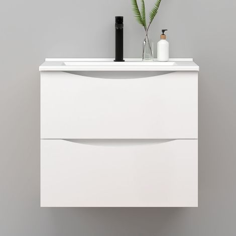 Meuble de salle de bain suspendu 60cm avec simple vasque + 2 tiroirs, Blanc
