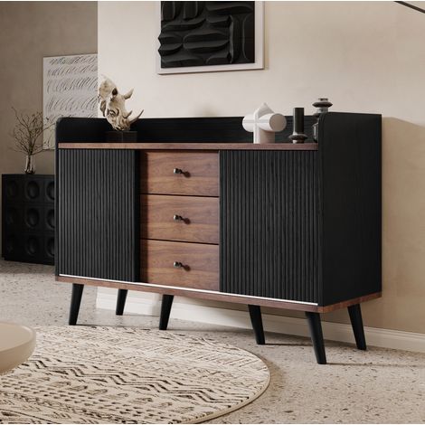 Sideboard en MDF et panneaux de particules noir et bois 117,5x40x80 cm, 2 portes coulissantes, 3 tiroirs, étagères réglables (1/5)