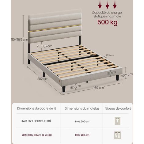 Lit double avec tête de lit rembourrée ajustable 202 x 160 x 110 cm en acier beige cappuccino (1/2)