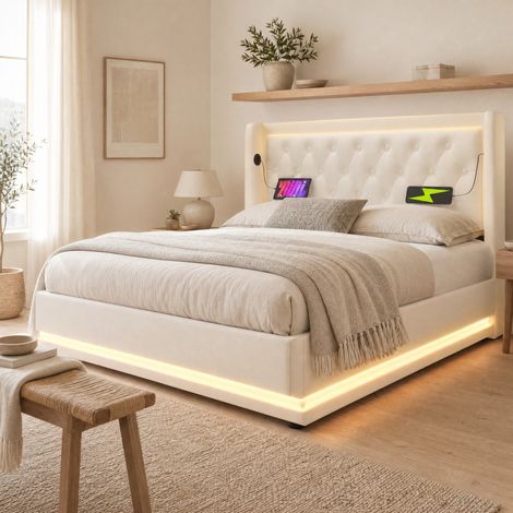 CHICFURN Letto matrimoniale contenitore 160x200 cm PU bianco USB-C e LED, senza materasso (1/5)