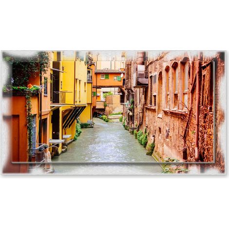 Lupia - Quadro moderno su Tela con Cornice stampata NEWEXT 75x135 cm, paesaggi localismi italiani, per casa soggiorno capezzale camera da letto hotel ufficio, BOLOGNA CANALE NEL CENTRO STORICO (1/4)