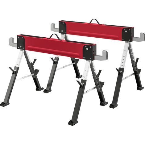 Set aus 2 roten, klappbaren Metallböcken, Tragkraft 1160 kg, höhenverstellbar 64–81 cm (7 Stufen), Gerüst mit Griff