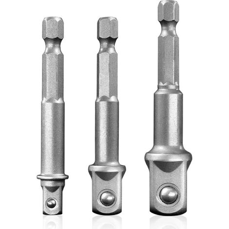 Socket wrench adapter, 3-piece, SAE 1/4", 3/8", 1/2" hex shank, for cordless drills and screwdrivers (1/4)