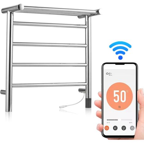 Scaldasalviette elettrico Ulisem, 4 barre, con timer sulla parte superiore, montaggio a parete, temperatura regolabile, riscaldamento rapido, acciaio inossidabile per bagno (argento) (1/4)