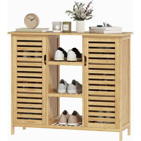 Armoire de rangement en bambou naturel 100x33x86 cm, 2 portes, étagères et compartiments ouverts (1/5)