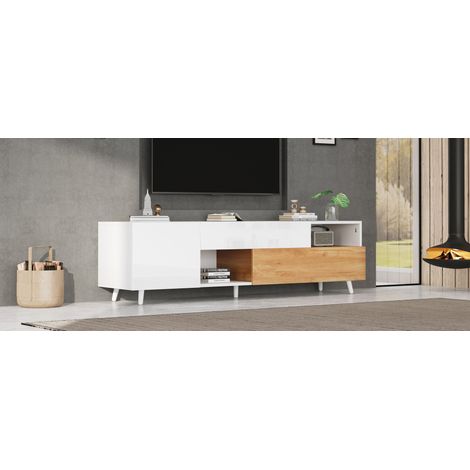 Meuble TV 180 cm pour écran 75 pouces blanc et bois avec tiroir et rangements (1/5)