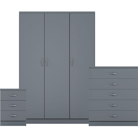 Riano 3 Piece Bedroom Set (3 Drawer Bedside Chest, 5 Drawer Chest, 3 Door Wardrobe), Grey (1/3)
