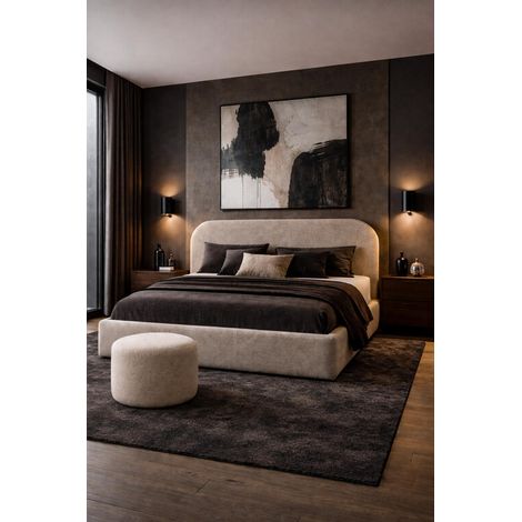 3 Design Polsterbett + Hocker “MOON” – Eleganz, Wärme & Stil in Beige Handgefertigtes Polsterbett in Beige 90x200 Metalllattenrost 90–200 cm (1/5)