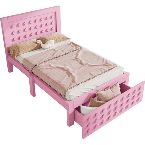 Lit simple en bois 90x200 cm, lit pour enfant et adolescent avec design créatif en blocs, cadre de lit en bois massif avec sommier à lattes, avec tiroirs et rangement sous le lit, rose, sans matelas (1/5)