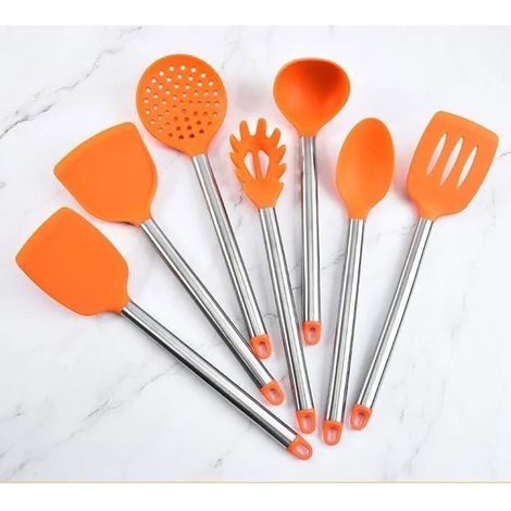 Set de 7 ustensiles de cuisine, ustensiles en silicone - batterie de cuisine antiadhésive avec ensemble de spatules, orange (1/5)