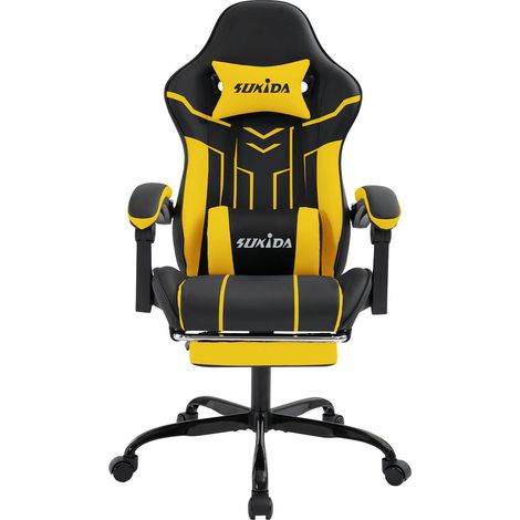 Silla gaming de carreras, ergonómica, de oficina de piel sintética con soporte lumbar y reposapiés, ideal para oficina y gaming (amarillo y blanco). (1/5)