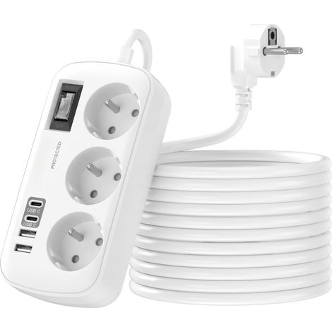 Rallonge Electrique 5M avec 4 USB(2 USB-C), Multiprise 3 Prises avec Interrupteur, Multiprise Parafoudre Fixation Murale pour Maison Bureau, Blanc 16A/4000W (1/5)