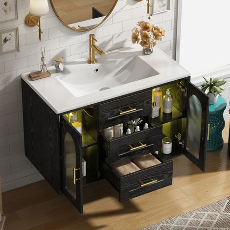 Ensembles meuble de salle de bains, meuble de salle de bain mural de 76 cm avec vasque, porte en verre, éclairage LED, noir (1/5)