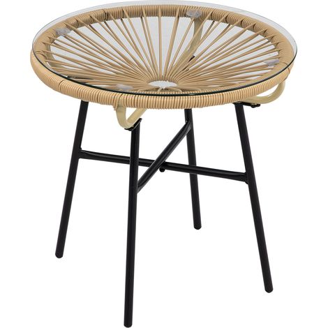 Table d'appoint ronde en PE rotin noir et beige avec plateau en verre trempé, 50 x 50 x 50 cm (1/5)