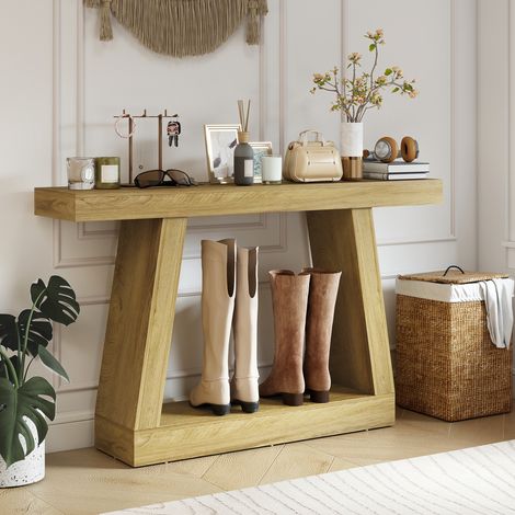 Console de table 140 cm, table derrière canapé avec espace de rangement, couleur chêne (1/5)