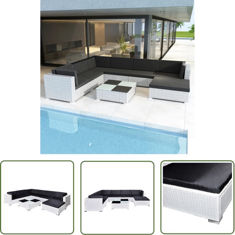 The Living Store Salon de jardin 8 pcs avec coussins Résine tressée Blanc - Salon De Jardin - Mobilier De Jardin - Set De Salon Extérieur - Meubles En Rotin - Table Basse (1/5)