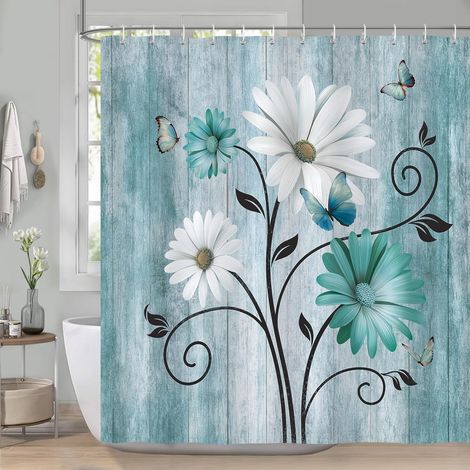 Rideau de Douche Fleurs Rustiques, Rideau de Baignoire Bleu Marguerites Papillons Rétro Ferme 180 x 180 cm Polyester Imperméable Résistant à la Moisissure 12 Crochets (1/5)