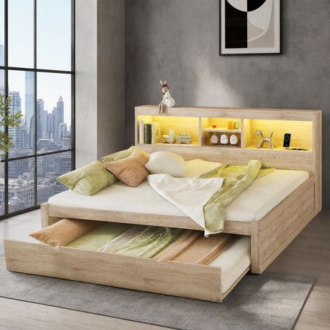 Letto 140x200 con letto estraibile 90x190, LED, USB e contenitore, naturale DESVIAE (1/5)