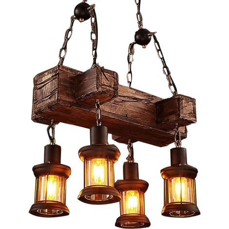 Gojoy – Suspension en bois industriel vintage – Lanterne en verre noir – 4 lumières E27 – Hauteur 99 cm pour café et restaurant (1/5)