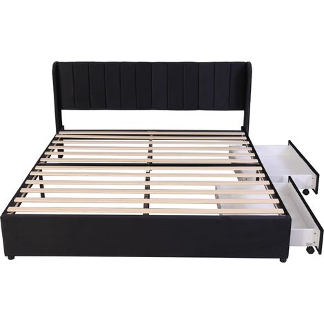 Cama capitoné 180 x 200 cm de terciopelo negro con somier, cabecero y 2 cajones (1/5)