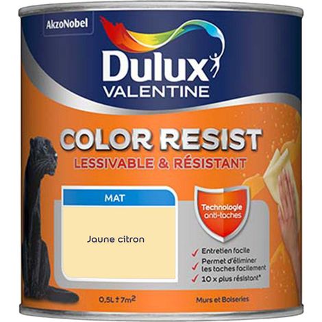 Peinture bicouche intérieure Color Resist Murs et Boiseries Mat Jaune Citron 0,5 L - Dulux Valentine