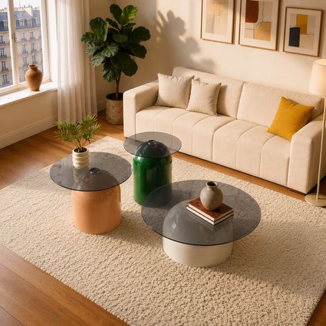 Runde Couchtische aus gehärtetem Glas und glänzendem Stahl, 3er-Set HAVRYA (1/5)