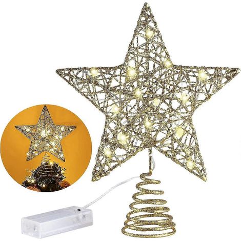 10-Zoll-Weihnachtsbaumspitze mit 20 LED-Lichtern, goldglitzernder Weihnachtsbaumschmuck aus Metall (1/5)