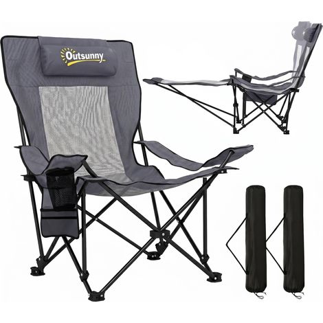 Ensemble de 2 chaises de camping/pêche pliantes avec dossier réglable, repose-pieds, porte-gobelet et appui-tête, gris foncé