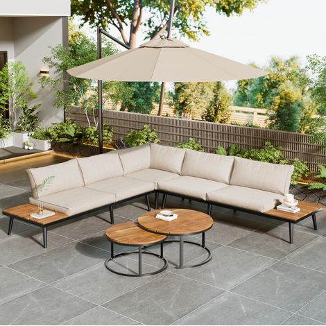 Set di mobili da giardino in ferro zincato beige, 6 pezzi con 2 divani 2 posti, 2 poltrone, 2 tavoli e cuscini (1/5)
