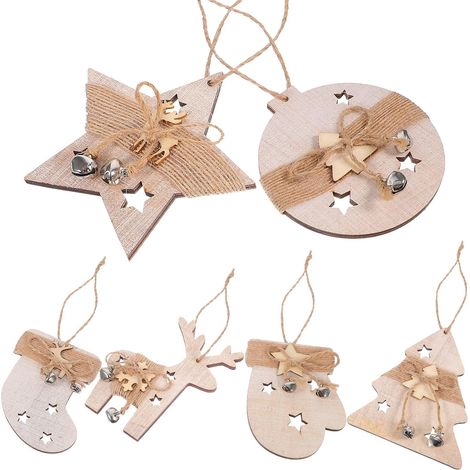 Ensemble de 6 pendentifs de Noël en bois avec étoiles et rennes (1/5)