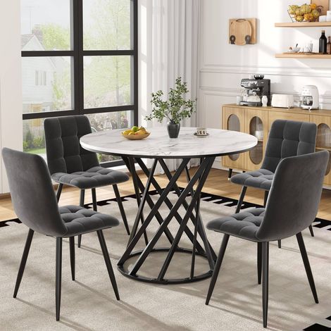 Table à manger ronde 80 cm avec 4 chaises, set moderne, plateau mdf blanc, pieds en métal noir, chaises en velours (1/5)