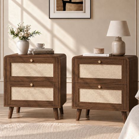 Lot de 2 tables de chevet 48x40x59 cm avec 2 tiroirs, façade cannage rotin, meuble chambre en MDF design arrondi - Noyer