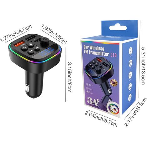C16 Car Bluetooth MP3 Player, FM Transmitter, Car Bluetooth Receiver, USB Car Charger with Type-C Port -- C16 with Color Box (1/3)